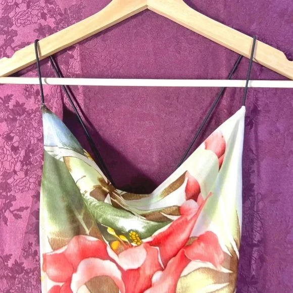 y2k Vintage A'Gaci Tropical Floral Cowl Neck Bodycon Dress Mesh Size S - Picture 2 of 6